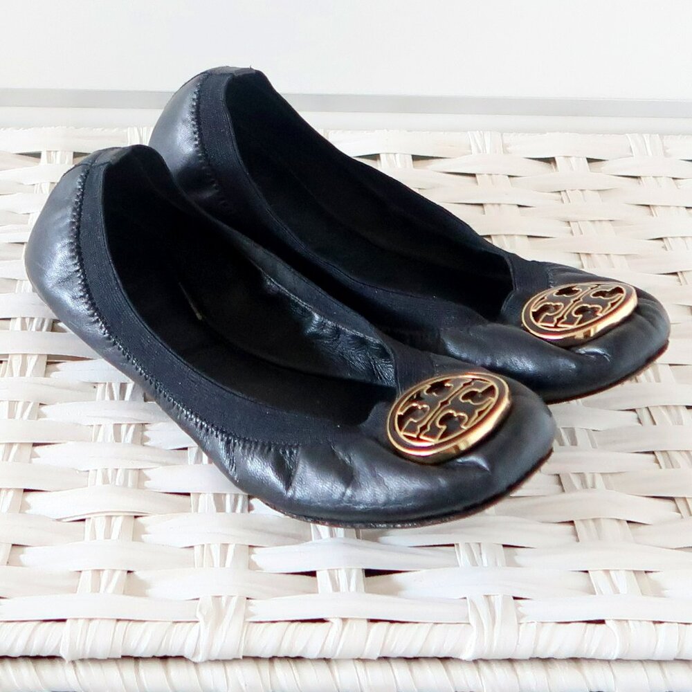 Tory Burch Black Leather Round Toe Ballet Flats Gold Logo Classic Designer Shoes - Picture 4 of 16
